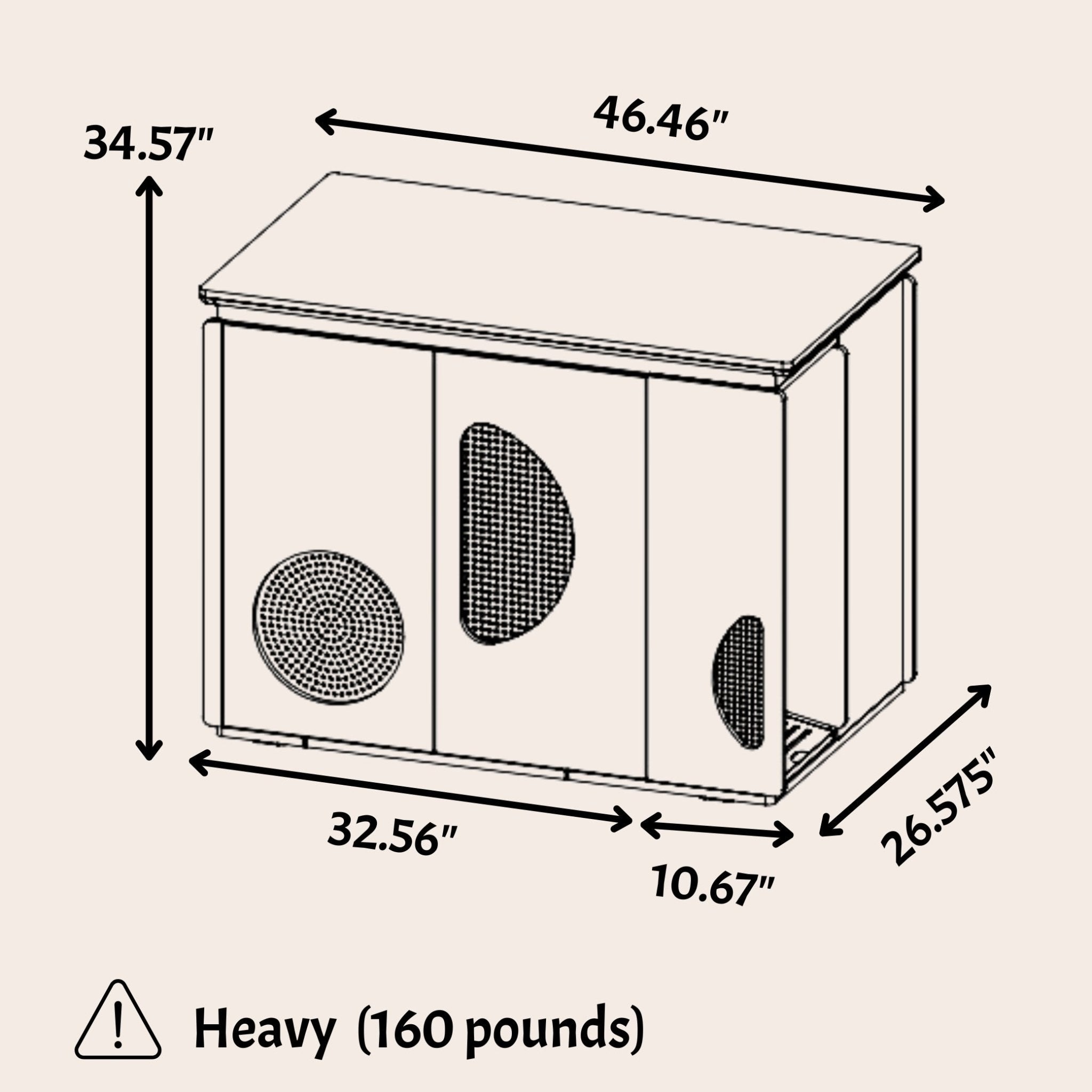 Cat litter robot furniture with dimensions 46.46” x 34.57” x 26.575” and weight of 160 pounds. Spacious, durable, and chic design for cat owners.