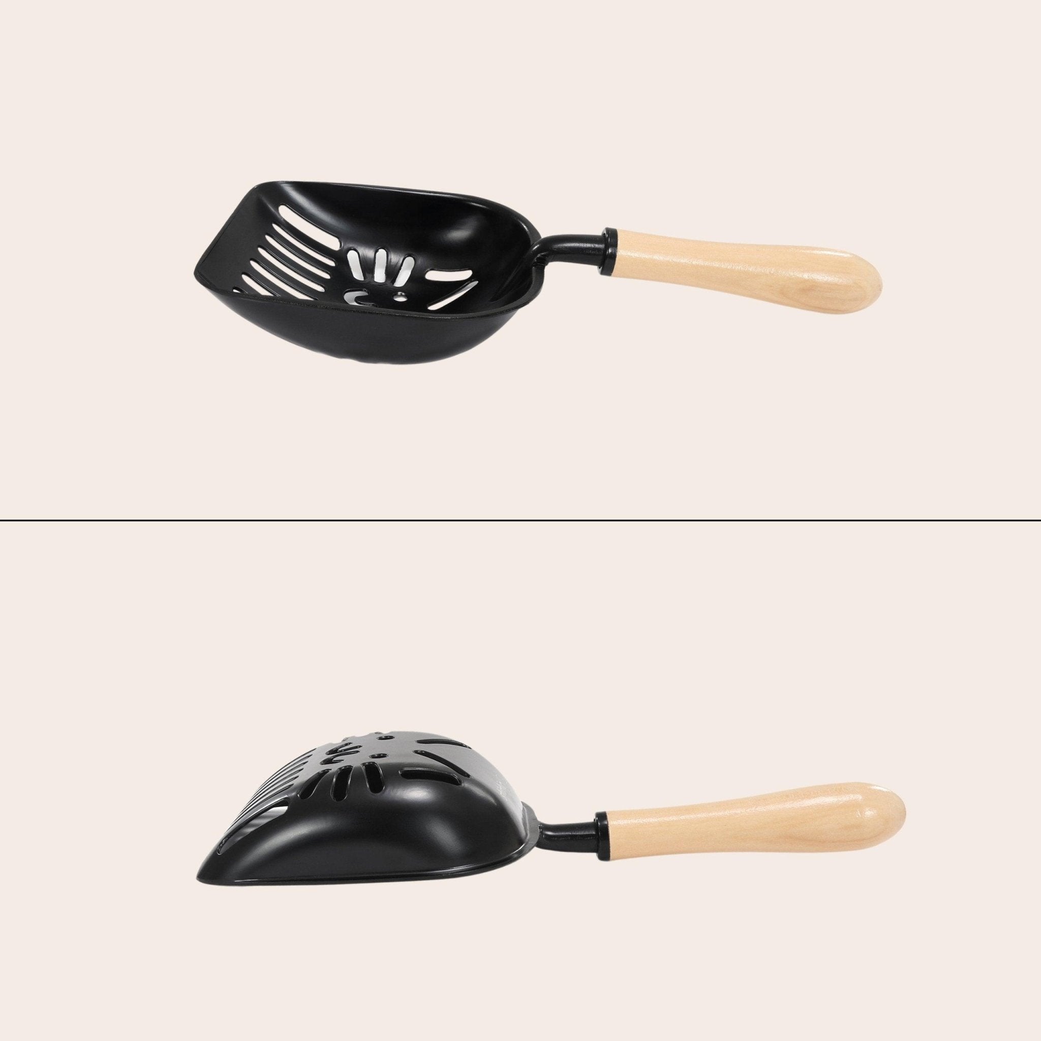 Eco-friendly steel cat litter scoop, coated for easy cleaning, displayed on a clean white background to highlight its sleek design