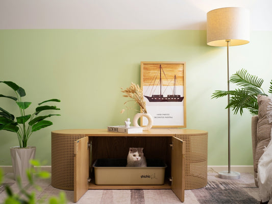 (Light)  A hidden cat litter box cabinet revealed within a stylish living room piece, with a surprised cat peeking out, showcasing the dual functionality and elegant design