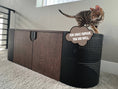 Charger l'image dans la visionneuse de la galerie, (Dark) Stunning black oak wood cat furniture bench with a kitten on top, blending functionality with upscale home decor aesthetics.
