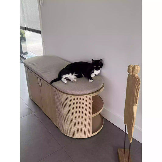Cat lying on a litter box enclosure with a cushion on top